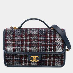 Chanel Navy Blue Small Tweed School Memory Top Handle Flap