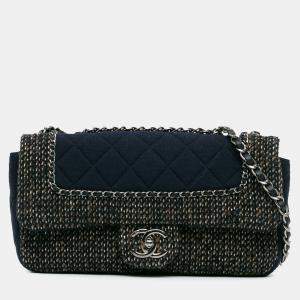 Chanel Navy Blue Small Jersey Tweed Flap