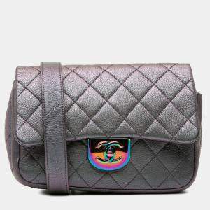 Pre Owned Chanel Purple Small Iridescent Goatskin Double Carry Waist Chain Flap