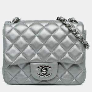 Pre Owned Chanel Silver Mini Square Classic Calfskin Single Flap