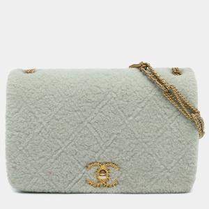Pre Owned Chanel Grey Quilted Shearling Chain Flap
