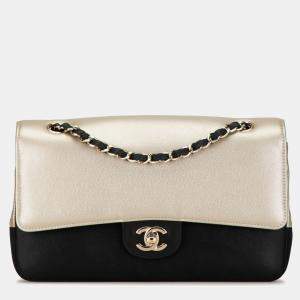 Chanel Silver Medium Classic Bicolor Caviar Double Flap