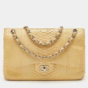 Chanel Light Yellow Python Jumbo Classic Double Flap Bag