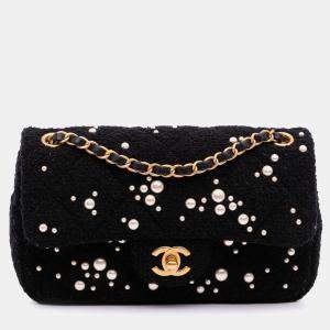 Chanel Black Small Tweed Pearl Cosmos Flap Bag