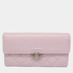 Chanel Matelasse L Gusset Flap Wallet Leather Long Bill Wallet Bi-Fold Pink