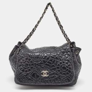 Chanel Black Quilted Patent Vinyl Graphic Edge Classic Flap Bag