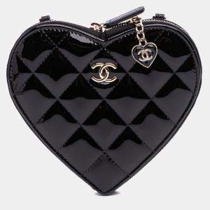 Chanel Black Quilted Patent Calfskin CC Heart Clutch With Chain