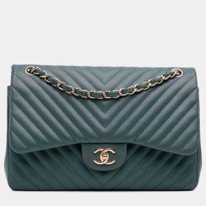 Chanel Green Jumbo Classic Chevron Lambskin Double Flap