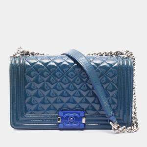 Chanel Blue Old Medium Quilted Patent Acrylic Boy Flap