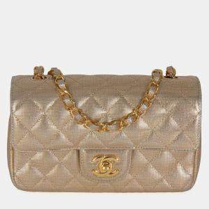 Pre Owned Chanel Gold Metallic Lambskin Perforated Mini Rectangular Flap Bag