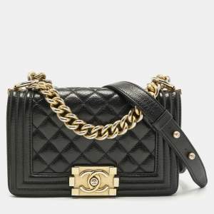 Pre Owned Chanel Black Quilted Caviar Leather Small Boy Flap Bag