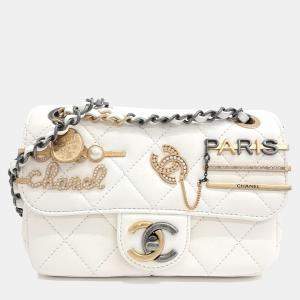Pre Owned Chanel White Lambskin Leather Mini Charm Shoulder Bag