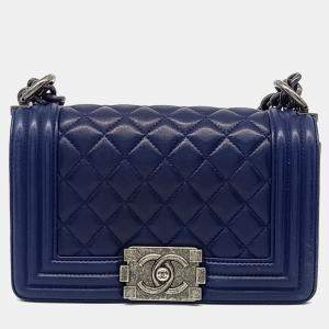 Pre Owned Chanel Navy Blue Leather Small Boy Bag