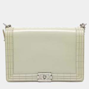 Pre Owned Chanel Green Leather Boy Bag Large