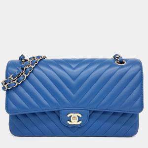 Pre Owned Chanel Blue Leather Chevron Classic Medium