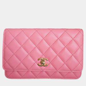 Chanel Pink Lambskin Quilted CC Pearl Crush Wallet On Chain