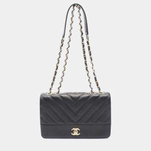 Chanel Chevron V-Stitch Black Leather Shoulder Bag
