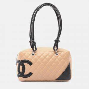 Chanel Cambon Line Beige Black Leather Bowling Shoulder Bag
