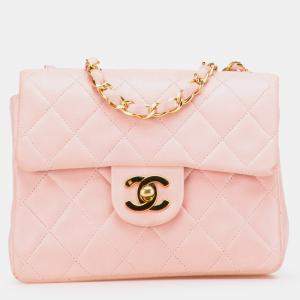 Pre Owned Chanel Pink Mini Square Classic Lambskin Single Flap