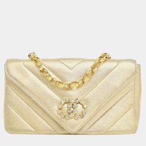Chanel Gold Small Chevron Metallic Lambskin V Stitch Bijoux Flap