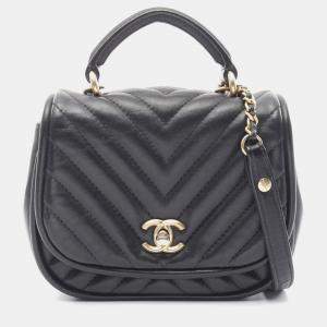 Pre Owned Chanel Reverse Chevron Quilted Black Lambskin Shoulder Bag