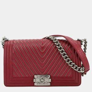 Pre Owned Chanel Boy Red Leather Chevron V-Stitch Chain Shoulder Bag