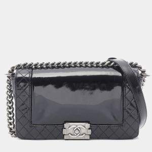 Pre Owned Chanel Boy Black Patent Leather Shoulder Bag