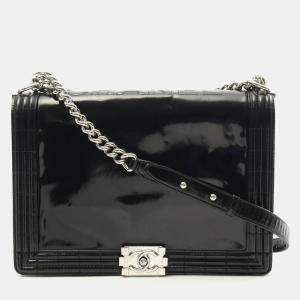 Pre Owned Chanel Boy Black Patent Leather Shoulder Bag