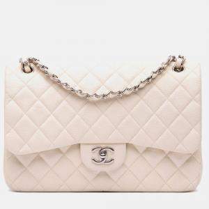 Pre Owned Chanel Classic Double Flap Jumbo White Caviar Shoulder Bag