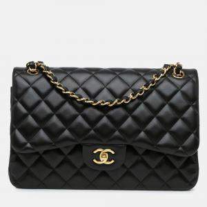 Pre Owned Chanel Classic Double Flap Jumbo Black Lambskin Shoulder Bag