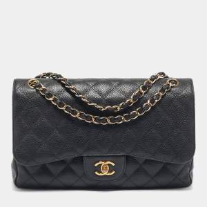 Pre Owned Chanel Black Quilted Caviar Leather Jumbo Classic Double Flap Bag