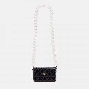 Chanel Black Quilted Calfskin Maxi Pearls Clutch With Chain