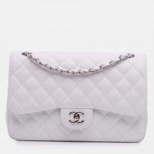 Chanel White Jumbo Classic Caviar Double Flap