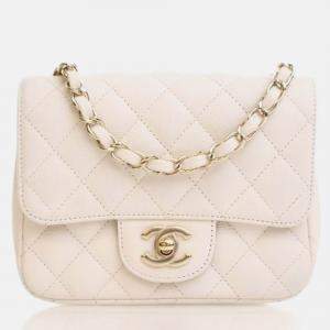 Pre Owned Chanel Mini White Caviar Square Classic Flap Bag