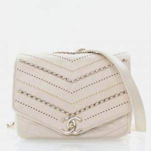 Pre Owned Chanel Chevron Flap Mini Cream Crinkled Calfskin Square Chain Shoulder Bag
