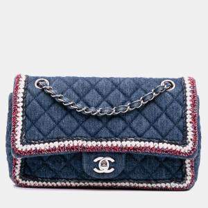 Pre Owned Chanel Blue Quilted Denim Classic Single Flap Bag