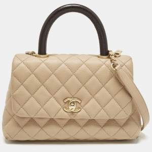 Pre Owned Chanel Beige/Brown Quilted Caviar Leather Mini Coco Top Handle Bag