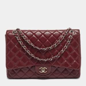 Pre Owned Chanel Dark Red Quilted Caviar Leather Maxi Classic Single Flap Bag