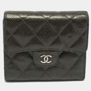 Pre Owned Chanel Olive Green Quilted Caviar Leather Classic Trifold Wallet