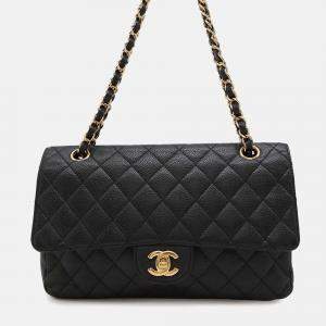 Pre Owned Chanel Classic Double Flap Medium Black Caviar Leather Chain Shoulder Bag