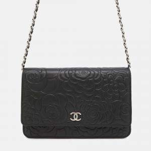 Chanel Camellia Black Lambskin Wallet On Chain 