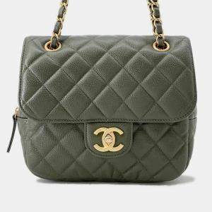 Pre Owned Chanel Matelasse Khaki Caviar Leather Chain Shoulder Bag