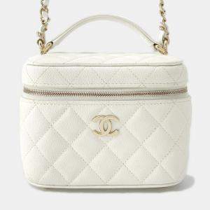 Pre Owned Chanel Matelasse Top Handle Small White Caviar Leather Chain Vanity Bag