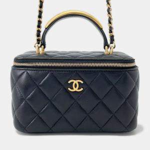 Pre Owned Chanel Matelasse Top Handle Black Lambskin Chain Vanity Bag