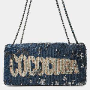 Pre Owned Chanel Coco Cuba Navy Silver Sequins Leather Chain Shoulder Bag