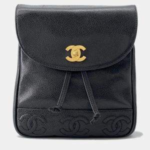 Pre Owned Chanel Triple Coco Black Caviar Leather Chain Backpack