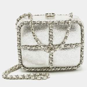 Pre Owned Chanel Silver Leather Chain Me Box Chain Clutch