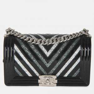 Pre Owned Chanel Black Patent Chevron Glitter PVC Old Medium Boy Bag