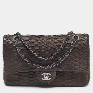 Chanel Dark Brown Python Medium Classic Double Flap Bag