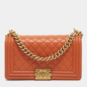Pre Owned Chanel Orange Quilted Leather Medium Classic Boy Flap Bag